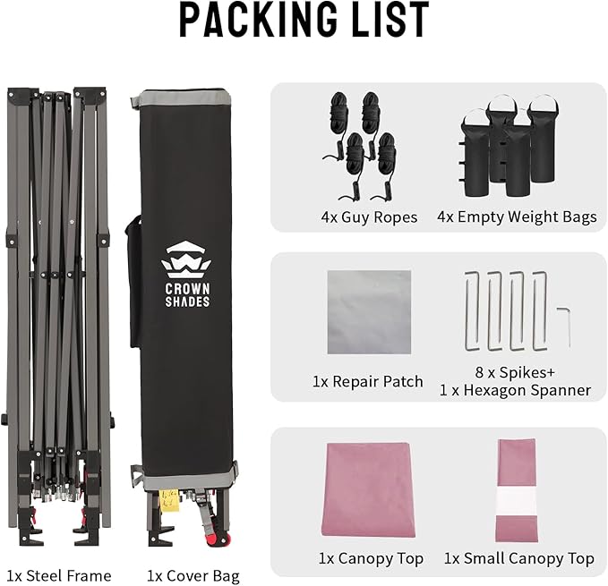 CROWN SHADES 10x10 Pop Up Canopy Tent with Patented Center Lock, Instant Commercial Canopy with Extendable Awning, 150D Silver Coated Fabric, 4 Weight Bags, Ropes, Stakes & STO ’N Go Wheeled Bag, Pink