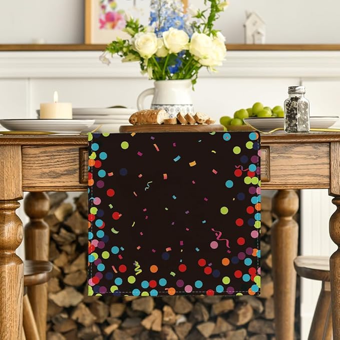 Artoid Mode Polka Dot Black Happy Birthday Table Runner, Seasonal Halloween Kitchen Dining Table Decoration for Home Party Decor 13x36 Inch