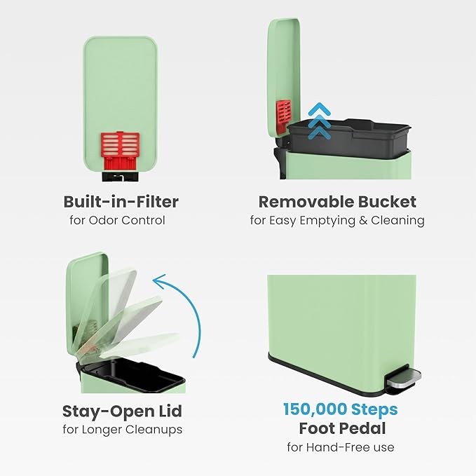 iTouchless SoftStep 3 Gallon (11.4L) Slim Bathroom Trash Can with Lid, Pastel Green Stainless Steel Fingerprint-Proof, Silent Soft-Close Pedal, AbsorbX Odor Filter Removable Bucket Dorm Bedroom Office