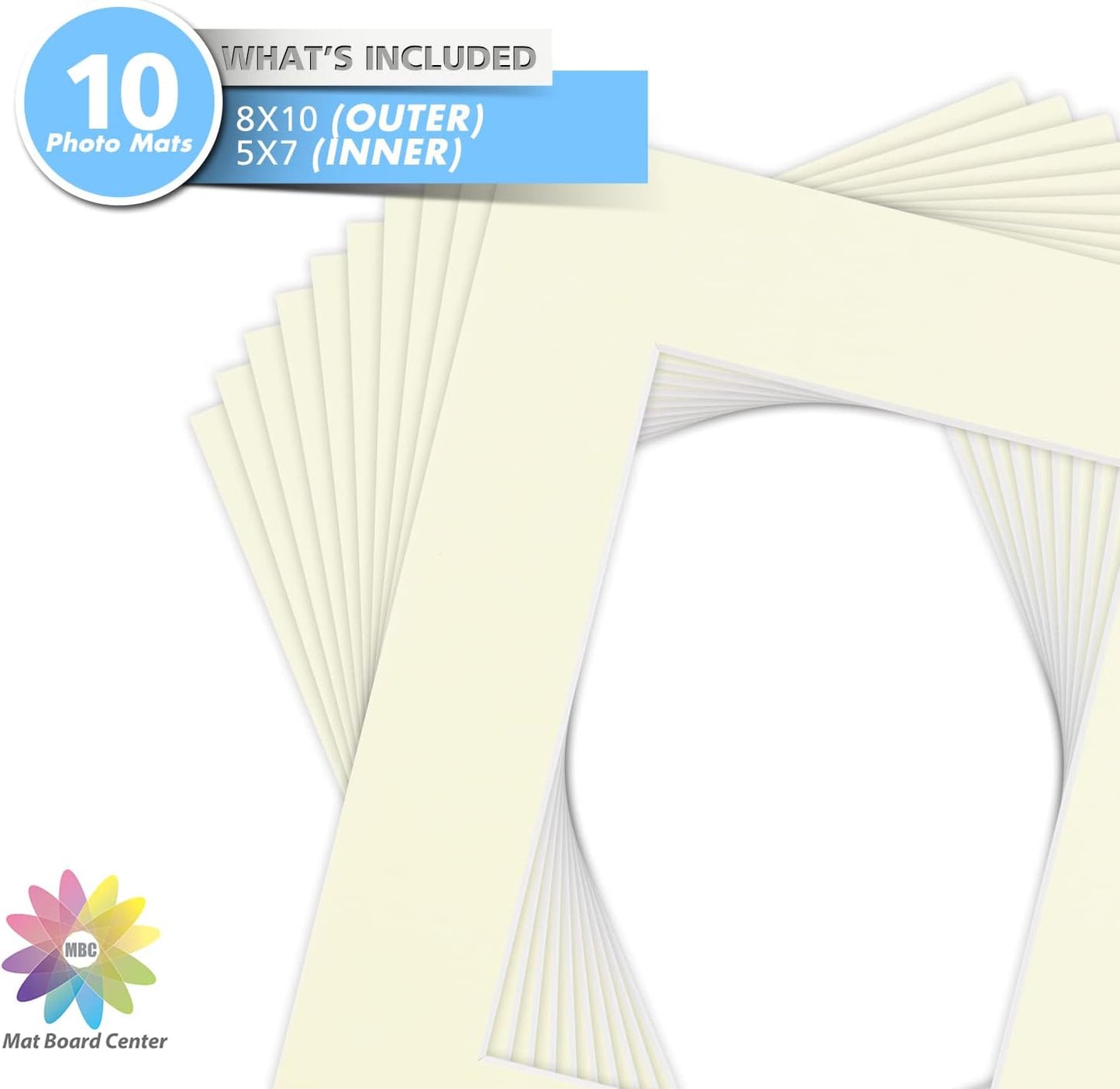 Mat Board Center, Pack of 10, 8x10 for 5x7 Ivory Color Mats - Bevel Cut, Acid Free, 4-ply Thickness, White Core - for Pictures, Photos, Framing