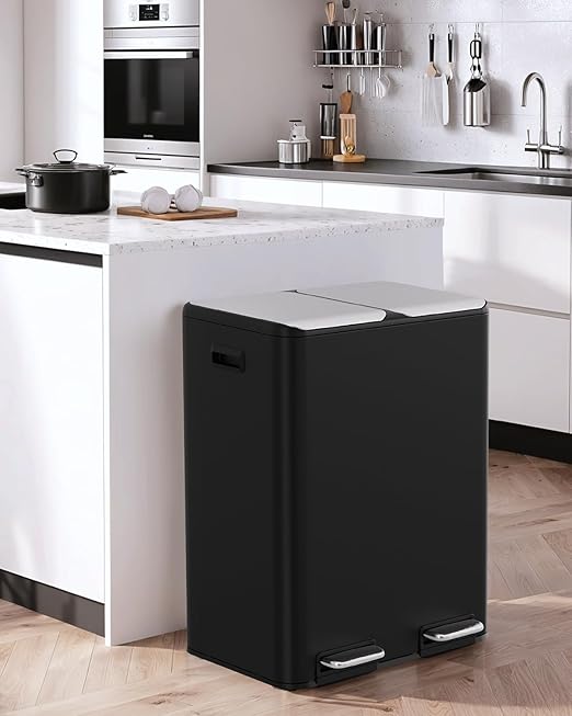 Arlopu 16Gal Dual Trash Can w/2 Built-in Box for Odor Control, Hands-Free Kitchen Garbage Bin, Recycle Waste Dustbin, Soft-Close Lid, 2 Buckets,Foot Pedal, Side Handle, Airtight,for Home (Black)