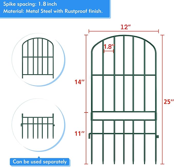 Adavin Animal Barrier Garden Fence,10 Pack Green 12''L x 25" H no dig Fence, Underground dig Protection for Dog Rabbits Rustproof Metal Wire Panel Border, 10 ft Ground Stakes for Outdoor Patio