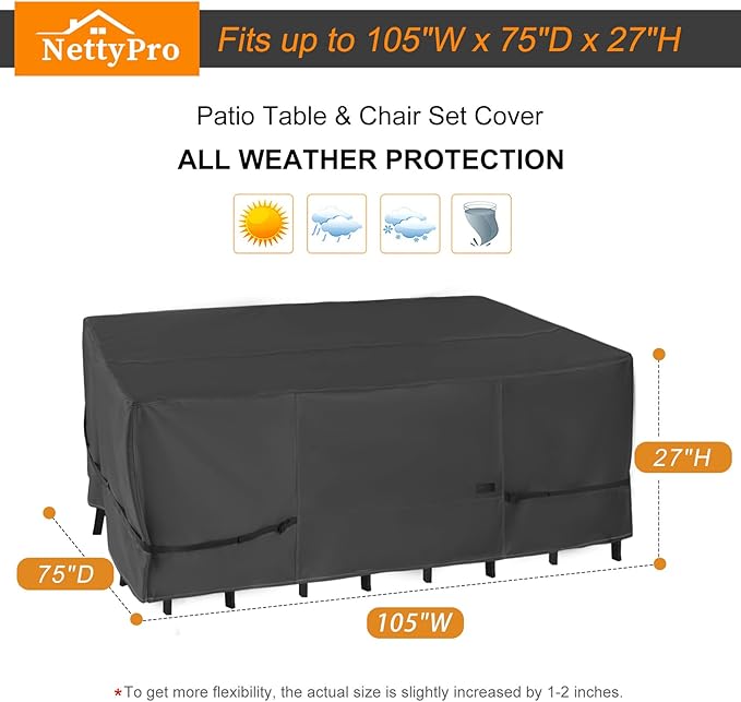NettyPro Patio Table Cover Rectangular 105 x 75 Inch, Waterproof Outdoor Furniture Set Covers for Dining Table and Chair Rectangle, Black