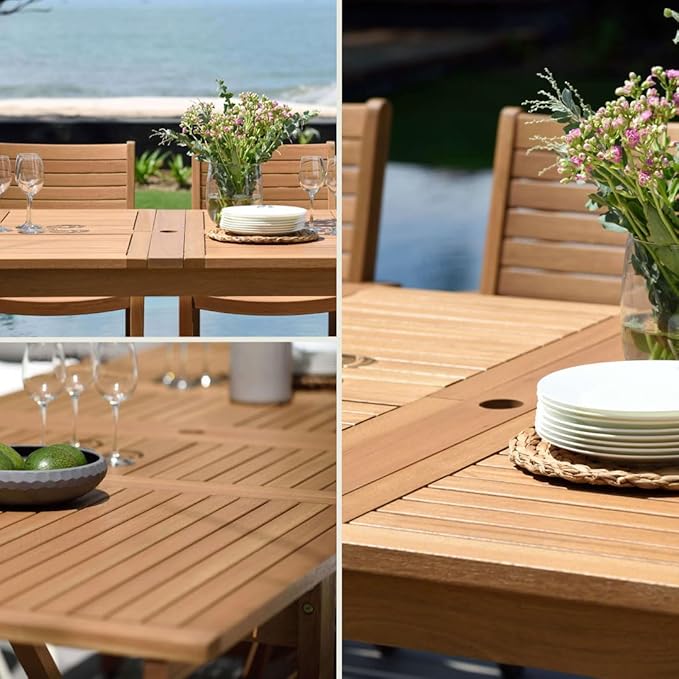 Amazonia Franklin 11-Piece Rectangular Extendable Patio Dining Set | Teak Finish and Weather-Net Technology | Ideal for Outdoors and Indoors