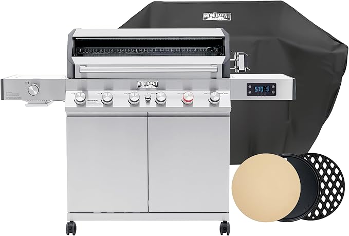 Monument Grills 6+1 Burner Smart Propane Gas Grill, Denali 605Pro Stainless Steel Grill 78,000 BTU Outdoor Barbecue Grill with Side Burner, Pizza Stone, Round Cooking Plate & Grid, Cover, Rotisserie