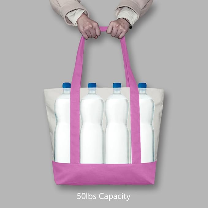 TOPDesign 3-Pack Canvas Tote Bags with an External Pocket, Reusable Grocery Shopping Bags, Top Zipper Closure, Daily Essentials (Light Purple/Natural)