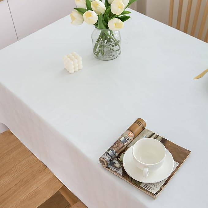 LIBERECOO Vinyl Tablecloth with Flannel Backing, Solid White, Waterproof, Stain-Resistant, Easy-Clean Table Cover for Dining, Kitchen, and Outdoor Use, 60" x 60" Square