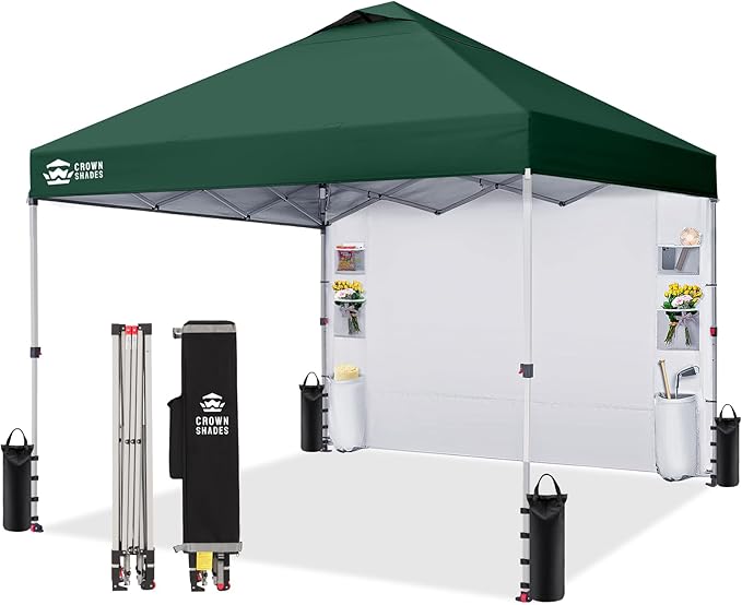 CROWN SHADES Canopy Tent 10x10 Pop Up Canopy Outdoor Shade with Pockets Sidewall, Easy Up Sun Shelter with One Person Set Up Center Lock, Portable Instant Camping Beach Canopy Tents, Forest Green