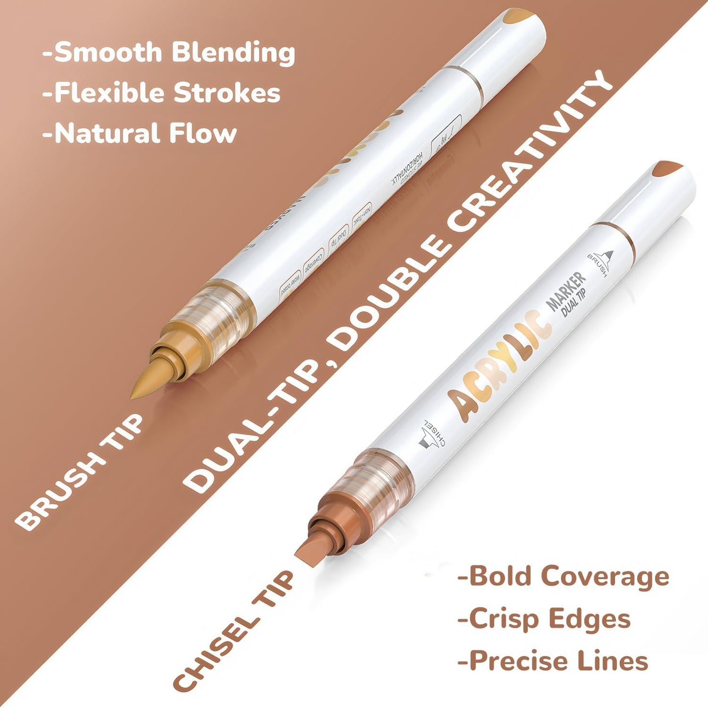 Guangna 12 Brown Dual Tip Acrylic Paint Markers, Brush Tip & Chisel Tip Acrylic Paint Pens for Rock, Wood, Glass, Paper, Coloring Book, Ceramic, Canvas, Water-Based Ink