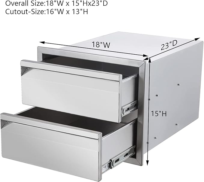 Outdoor Kitchen Drawers 18" W x 15" H x 23" D Flush Mount BBQ Drawers Double Layer Access Storage Drawers for Outdoor Kitchen Island, Patio Grill Station