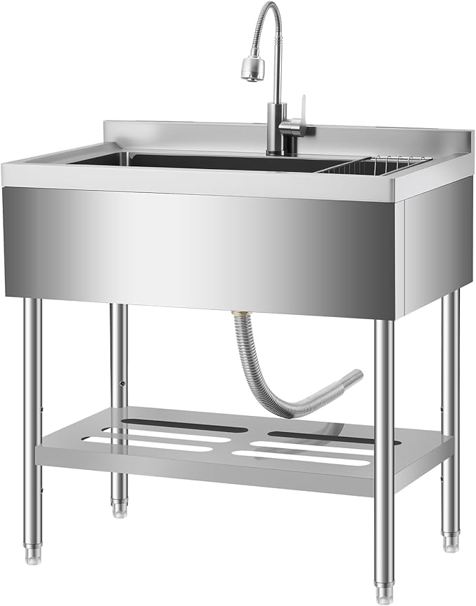 Stainless Steel Utility Sink, 35 Inch Freestanding Commercial Sink, Adjustable Leg with Hot and Cold Water Faucet, Hoses and Drain Kit, Large Laundry Tub for Kitchen, Garage, Bathroom, Outdoor Use
