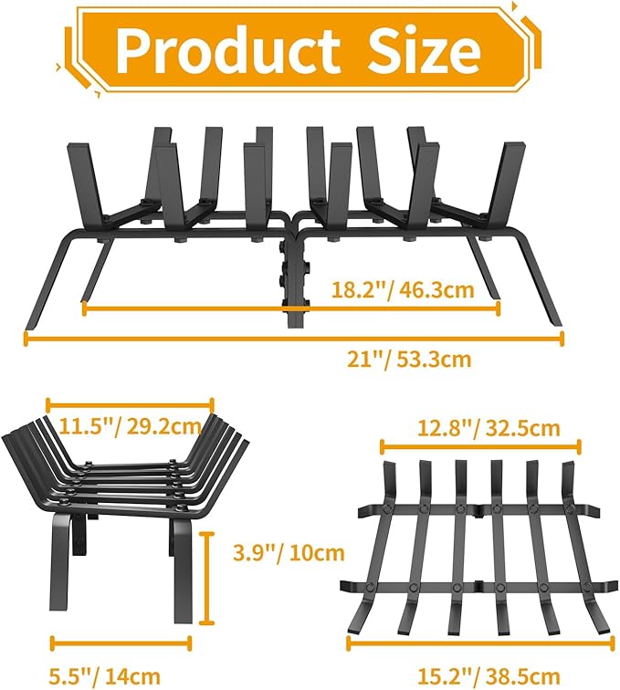 Heavy Duty 21Inch Fireplace Grate, Solid Steel Log Rack for Wood Burning, Extra Wide Firewood Grates for Indoor Fireplace & Outdoor Fire Pit, Wood Stove Grate