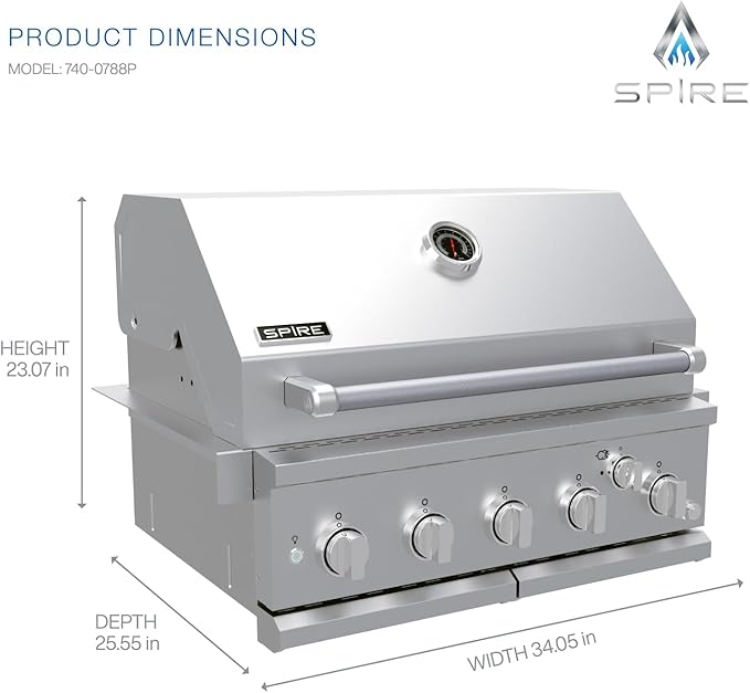 Spire Premium 5 Burner Built In Gas Grill Island Head, Stainless Steel 30 Inch Propane Grill with Rear Burner, 63,000 BTUs, 750 SQ In Racks, Dual Fuel Compatibility - 740-0788P