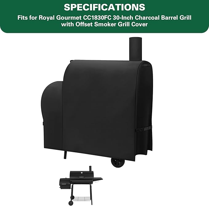 Heavy Duty 600D Grill Cover Fits for Royal Gourmet CC1830FC 30-Inch Charcoal Barrel Grill with Offset Smoker Grill Cover