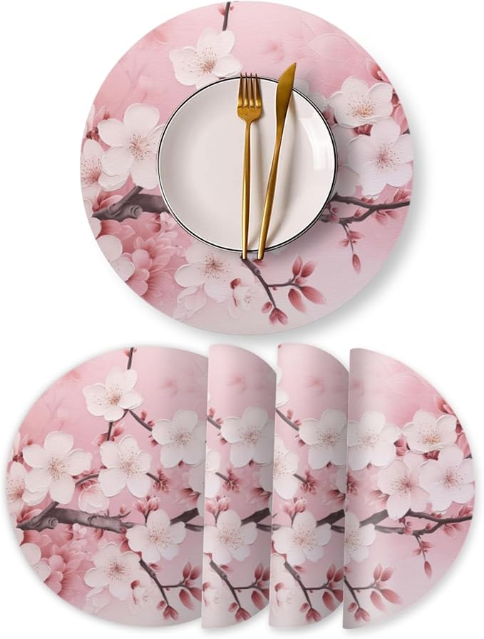 Round PU Leather Placemats Set of 4,Pink Cherry Blossoms Flowers Ding Round Table Placemat Easy to Clean Heat-Resistant Waterproof Non-Slip Place Mats for Party Coffee Bar,13inch