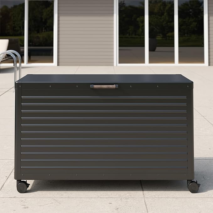 MIRADOR 134 Gallon Outdoor Storage Box Waterproof, Metal Deck Box with wheels for Patio Furniture, Garden Tools, Outdoor Cushion, Charcoal
