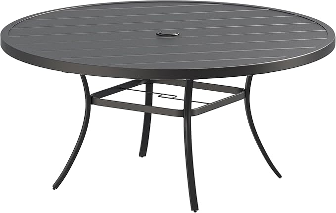 VICLLAX Round Patio Dining Table, Metal Outdoor Dining Table with Umbrella Hole for 8-10 Person, 60" Black