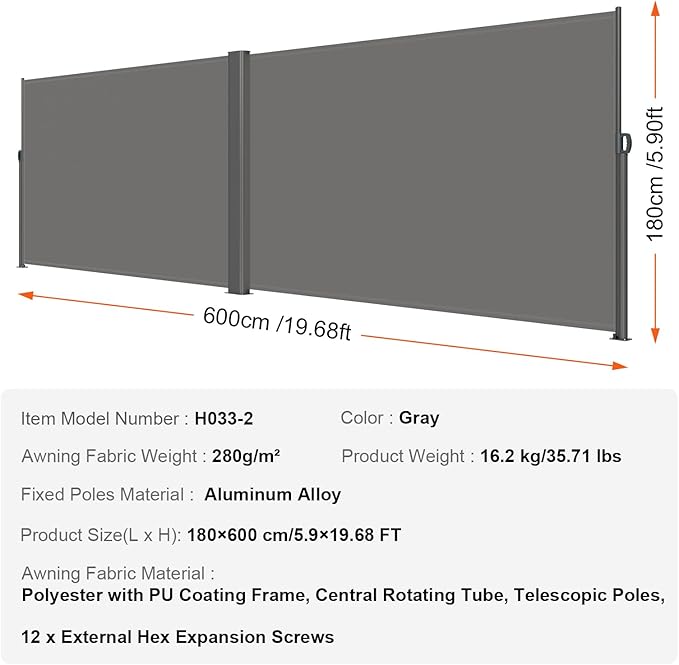 VEVOR Retractable Side Awning, UV 50 71''x 236'' Full Aluminum Rust-Proof Patio Sunshine Screen, 280 g Thicken Privacy Divider & Wind Screen for Courtyard, Balcony, Roof Terraces and Pools, Gray