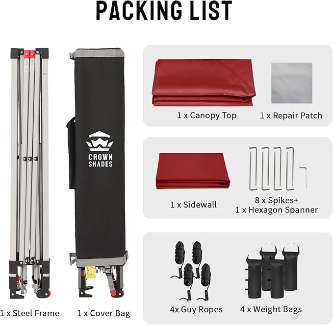 CROWN SHADES 10x10 Pop Up Canopy with 1 Side Wall - Beach Tent with One Push Setup - Outdoor Sun Shade for Events, Parties, Camping - Gazebo with STO-N-Go Cover Bag (Red)