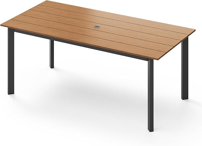 67" Rectangle HDPS Patio Dining Table, Aluminum Outdoor Patio Dining Table with Umbrella Hole, Weather-Resistant for Lawn, Garden, Yard, Poolside and Indoor Use (Gray & Teak)