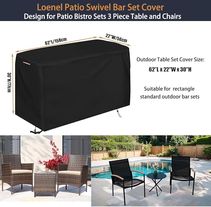 Patio Bistro Set Cover, Heavy Duty Waterproof Outdoor Table and Chairs Set Cover for 3 Pieces Patio Furniture Set/2 Chairs Patio Set - 62"L x 22"W x 30"H