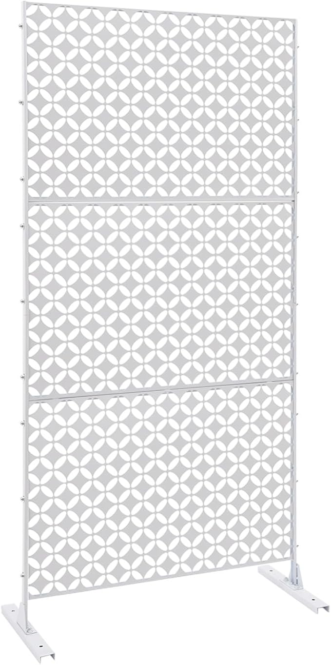 Outdoor Metal Privacy Screen with Stand, 35.4" W x 75" H Freestanding Metal Slatted Decorative Privacy Screen and Panels for Patio Garden Balcony Porch (White Star)
