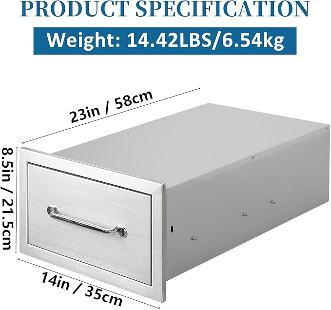 Outdoor Kitchen Drawers 14"Wx8.5"Hx23"D Flush Mount Access Single Drawer BBQ Stainless Steel Drawers with Handle for Outdoor Kitchen Island or Grill Station