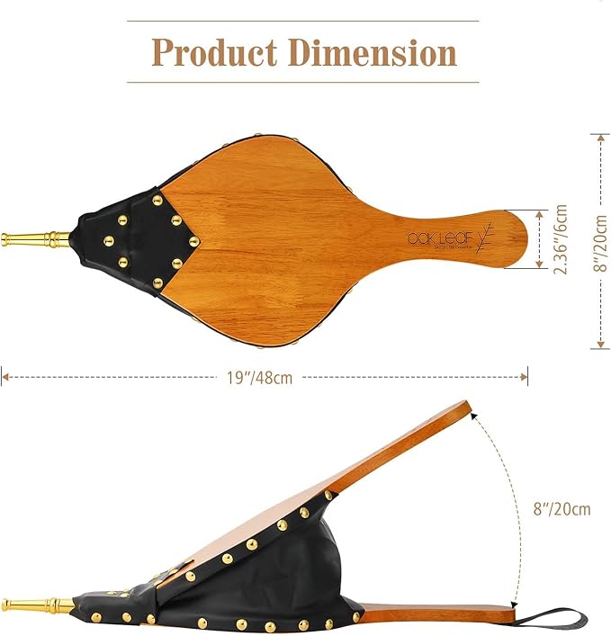 Oak Leaf Bellows, 19" x 8" Large Fire Bellow for Wood Stove BBQ Fireplace Fire Pit Indoor Outdoor Barbecue Camping, Wood Air Blower Hand Bellows with Hanging Strap Zinc Alloy Nozzle, Oak Wood
