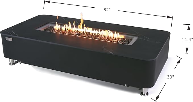 Elementi+ | Valencia Gas Fire Pit | Cast Concrete Body & Marble Porcelain Top | 62" Rectangular Fire Table | Electronic Ignition | Canvas Cover, Fire Glass & Burner Lid Included | Black | Natural Gas