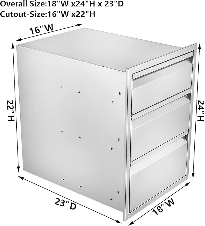 Outdoor Kitchen Drawers 18" W x 24" H x 23" D Triple BBQ Drawers Stainless Steel Built-in Drawer for Patio Grill Station or Outdoor Kitchen Island