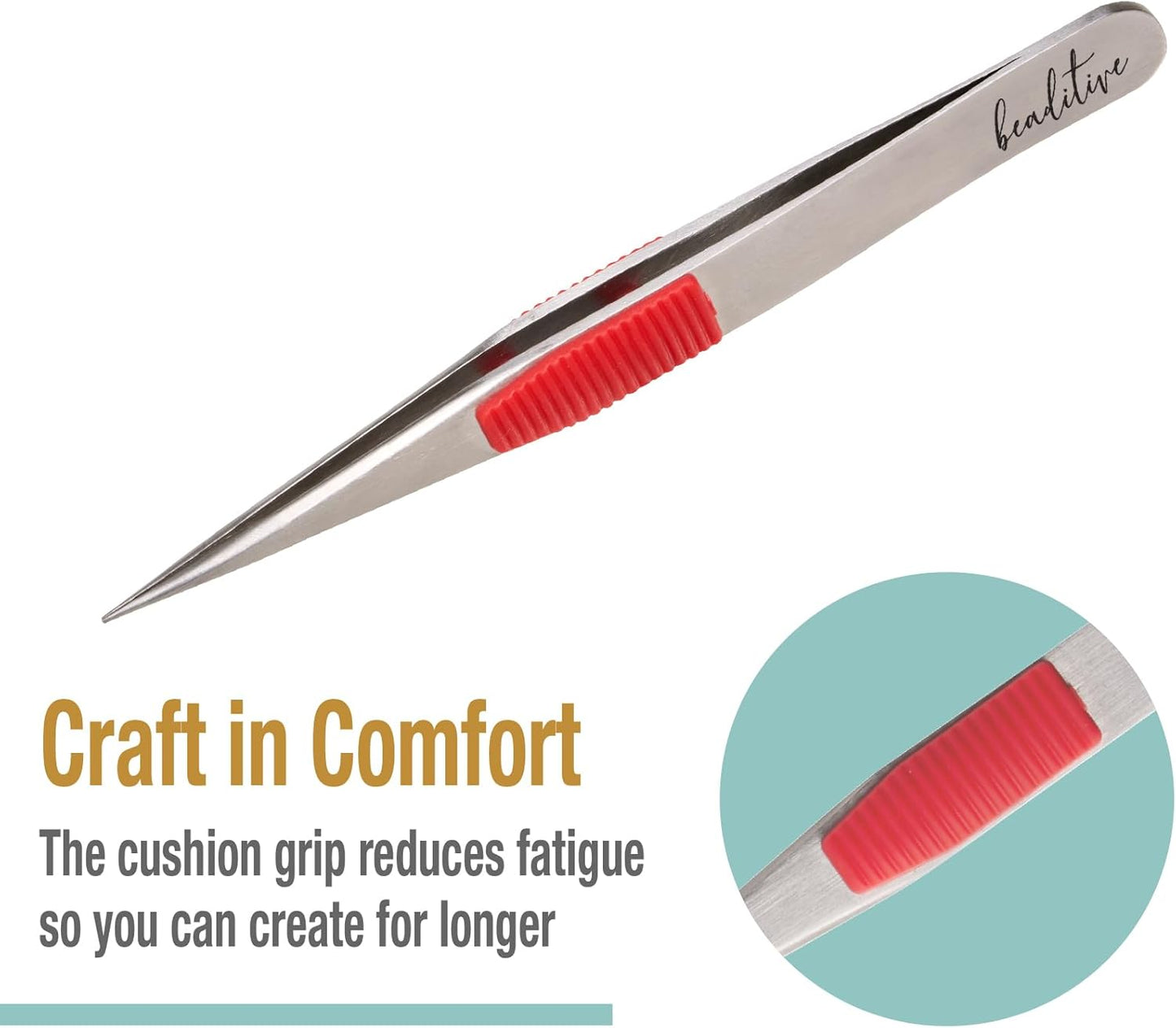 Beaditive High Precision Heavy-Duty Tweezers With Cushion - 4.7" Craft Tweezers for Sewing, Beading & DIY Crafts - Non-Serrated, Fine Point Tips - Stainless Steel Needle Nose Hobby Tweezers (Fuchsia)