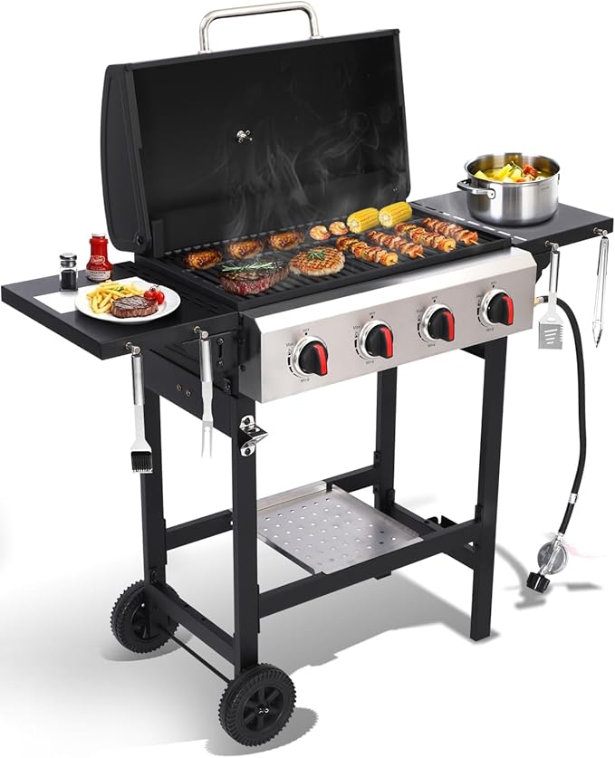 4 Burner Gas Grills Outdoor Cooking Propane Gas Grill BBQ Grill Portable Barbecue Grills with Cast Iron Grate, Pan and Folding Side Table 40000 BTU Output Easy-Clean