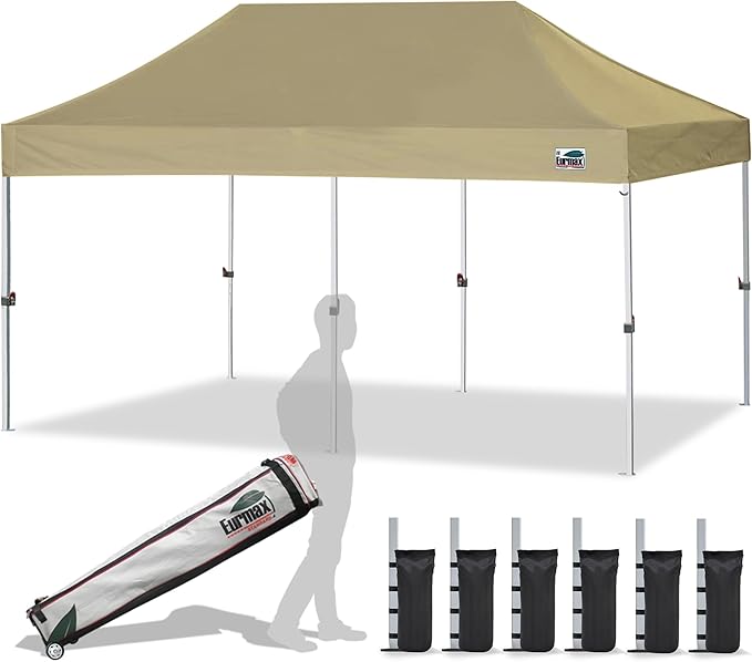 Eurmax USA 10'x20' Pop Up Canopy Tent Commercial Instant Canopies with Heavy Duty Roller Bag,Bonus 6 Sand Weights Bags (Khaki)