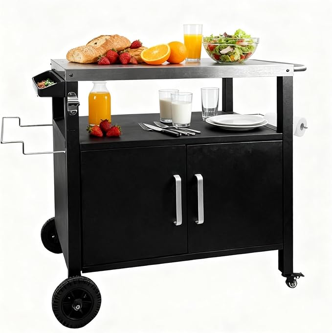 Dining Cart Table with Big Storage Cabinet - Movable Indoor Outdoor Kitchen Island, Multifunctional BBQ Grill Table & Pizza Oven Stand for Food Prep