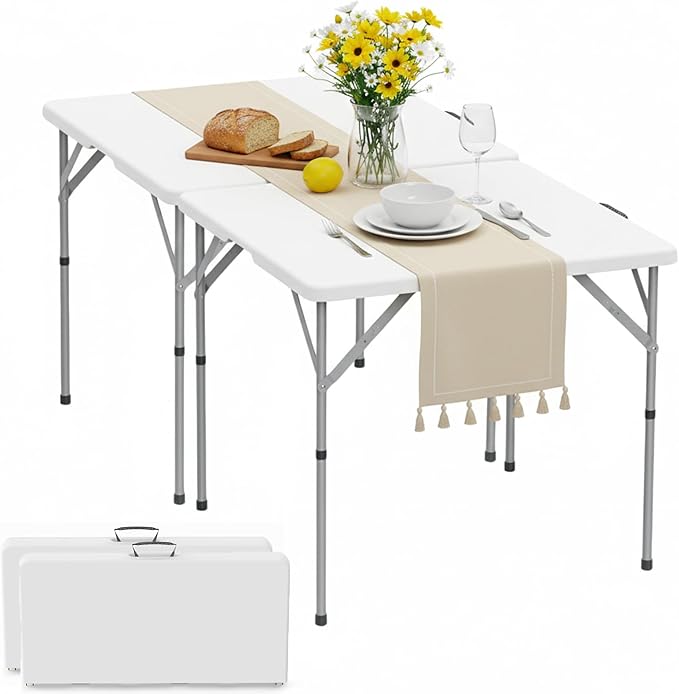 HLPB 34'' Square Folding Card Table 2 Pcs, Fold-in-Half Portable Dining Table with Handle and Safety Lock, Foldable Plastic Dining Table Indoor Outdoor for Camping, Picnic and Party Event, White