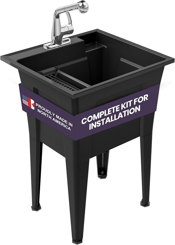 Freestanding Utility Sink with One Handle Chrome Faucet - 24" Plastic Utility Sink for Garage, Laundry, Indoor and Oudoor Use - Laundry Tub Kit by Noah William Home - Black (19.5 gal)