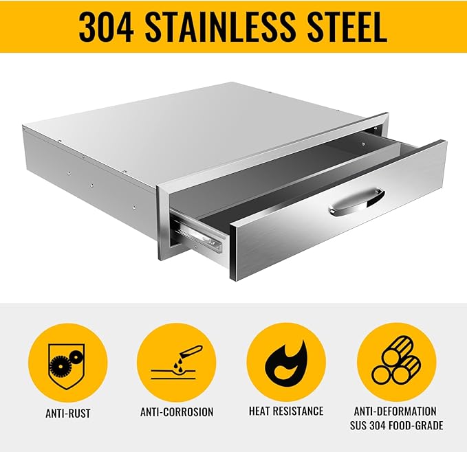 Outdoor Kitchen Drawers, Box Frame Style Flush Mount BBQ Drawer w/Stainless Steel Handle, BBQ Island Drawers For Patio Grill Station,Single Drawer