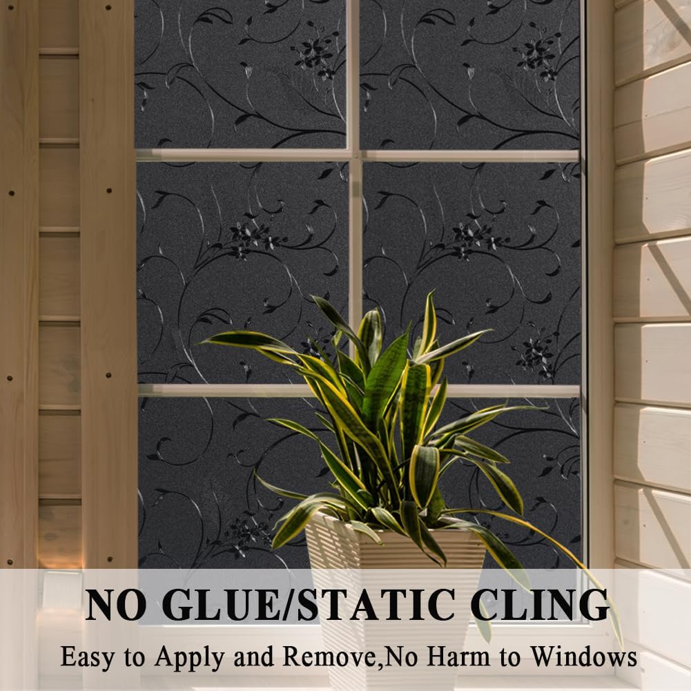 Mikomer Total Blackout Window Film,100% Light Blocking Privacy Glass Door Film Etched Flowers,Room Darkening Window Cling,No Glue/Heat Control/Anti UV for Day Sleep & High Privacy,23.6In. by 78.7In.