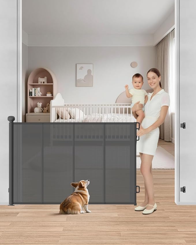 Retractable Baby Gate, 55" Wide Mesh Gate with 4 Reinforced Rods, Prevents Kids & Dogs from Crawling Under, 34" Tall Easy-to-Use Pet Gate for Stairs, Bedrooms, Hallways, Indoor/Outdoor, Gray