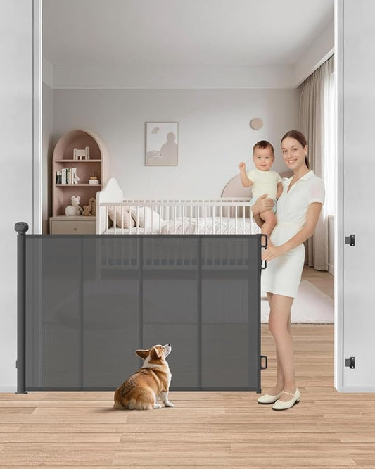 Retractable Baby Gate, 55" Wide Mesh Gate with 4 Reinforced Rods, Prevents Kids & Dogs from Crawling Under, 34" Tall Easy-to-Use Pet Gate for Stairs, Bedrooms, Hallways, Indoor/Outdoor, Gray