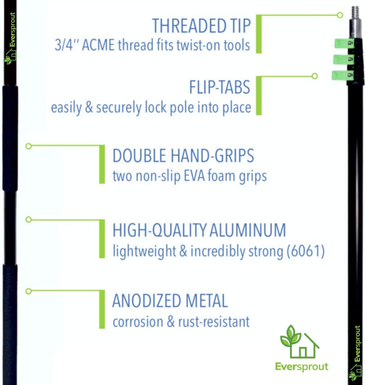 EVERSPROUT 7-to-24 Foot Telescopic Extension Pole (30 Foot Reach) | Heavy-Duty Sturdy Aluminum | Easy Flip-Tab Lock Mechanism | Twist-On Metal Tip Works for Squeegee, Duster, Paint Roller (Pole only)