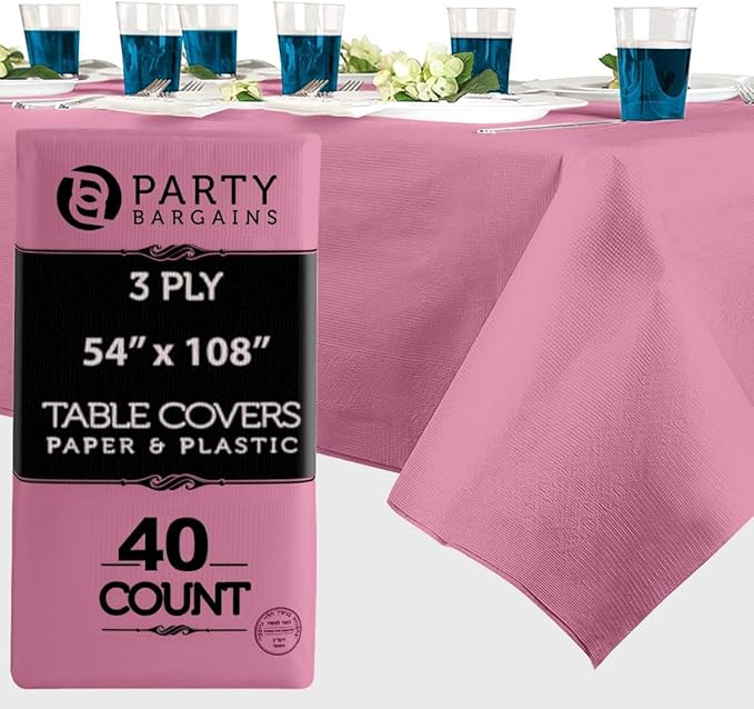 PARTY BARGAINS 40 Disposable Table Covers - 54" X 108" Pink Table Cover, 3 Ply Paper & Plastic Tablecloth