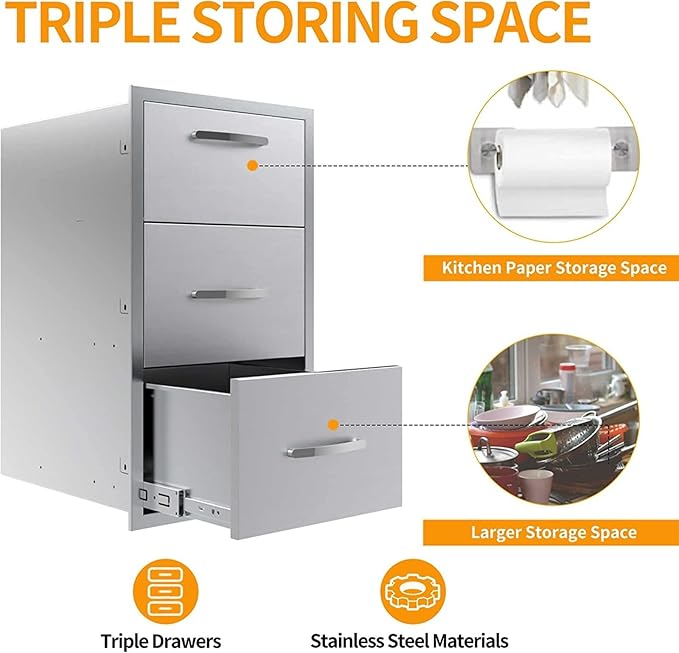 Pull Out Trash Drawer, Lower Sliding Rails Stainless Steel Roll Out Trash Bin Pull Out Tray With Handle For Outdoor Kitchen BBQ Island Grill Station,Three Drawers