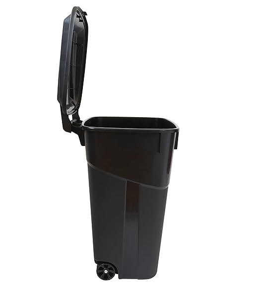 32 Gallon Heavy Duty Wheeled Plastic Garbage Can with Attached Lid and Easy Grip Handle – Bottom Hand Groove, Rugged Wheels, Indoor Outdoor Trash Can for Home, Kitchen, Yard, Patio (1)