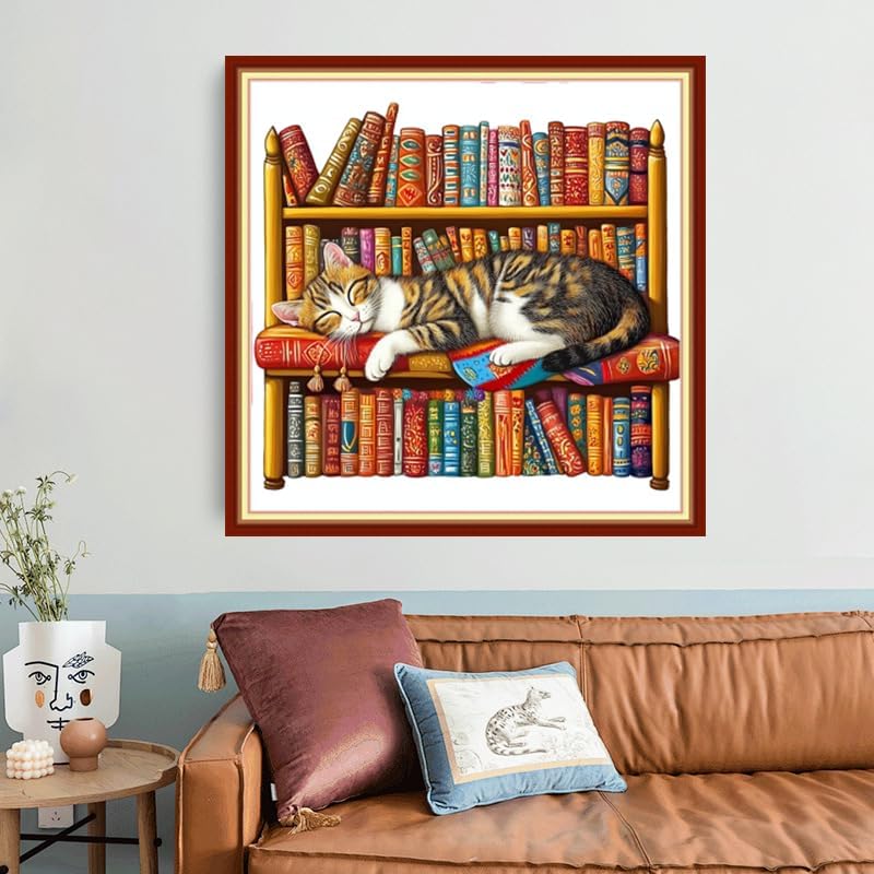 Foxhool Beginners Cross Stitch Kits Stamped Full Range of Embroidery Kits for Adults DIY Cross Stitches kit Embroidery Patterns for Needlepoint kit-Lazy cat Sleeping on The Bookshelf 18x18 inch