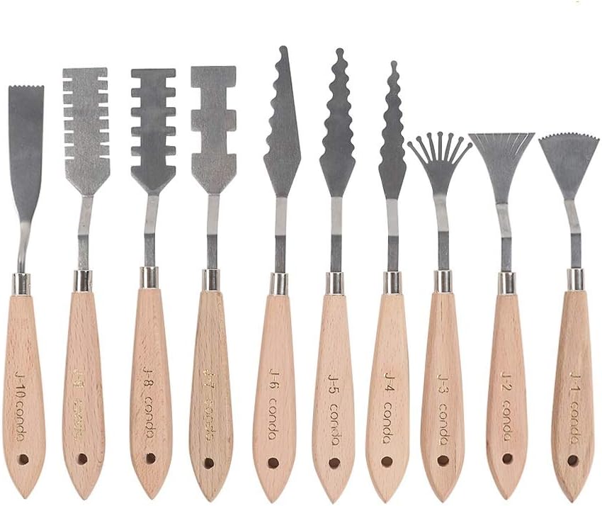 CONDA Palette Knife Set -10Pcs Stainless Steel Spatula Pallet Knife Painting Tools Metal Knives Wood Handle with Different Shapes and Sizes