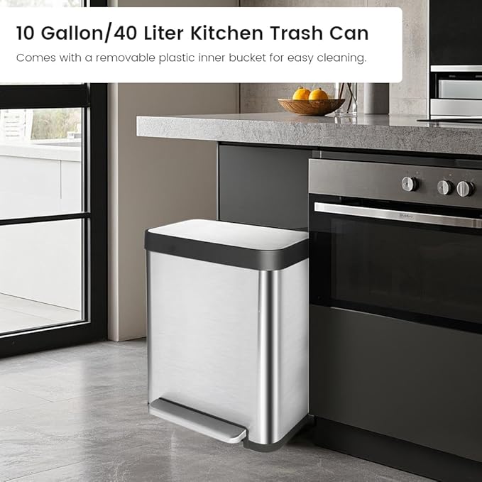 10 Gallon Ktichen Trash Can with Lid, Stainless Steel Trash Can with Removable Inner Bucket, Soft Close Lid, Step-On Pedal Bin for Kitchen, Office, Bathroom