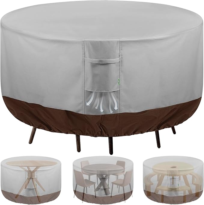 Round Patio Furniture Covers, 84" DIA x 28 H Waterproof Outdoor Furniture Cover for Patio Table & Chair Sets, 600D Heavy-duty UV-Resistant Fade-Proof Protection, Grey & Brown