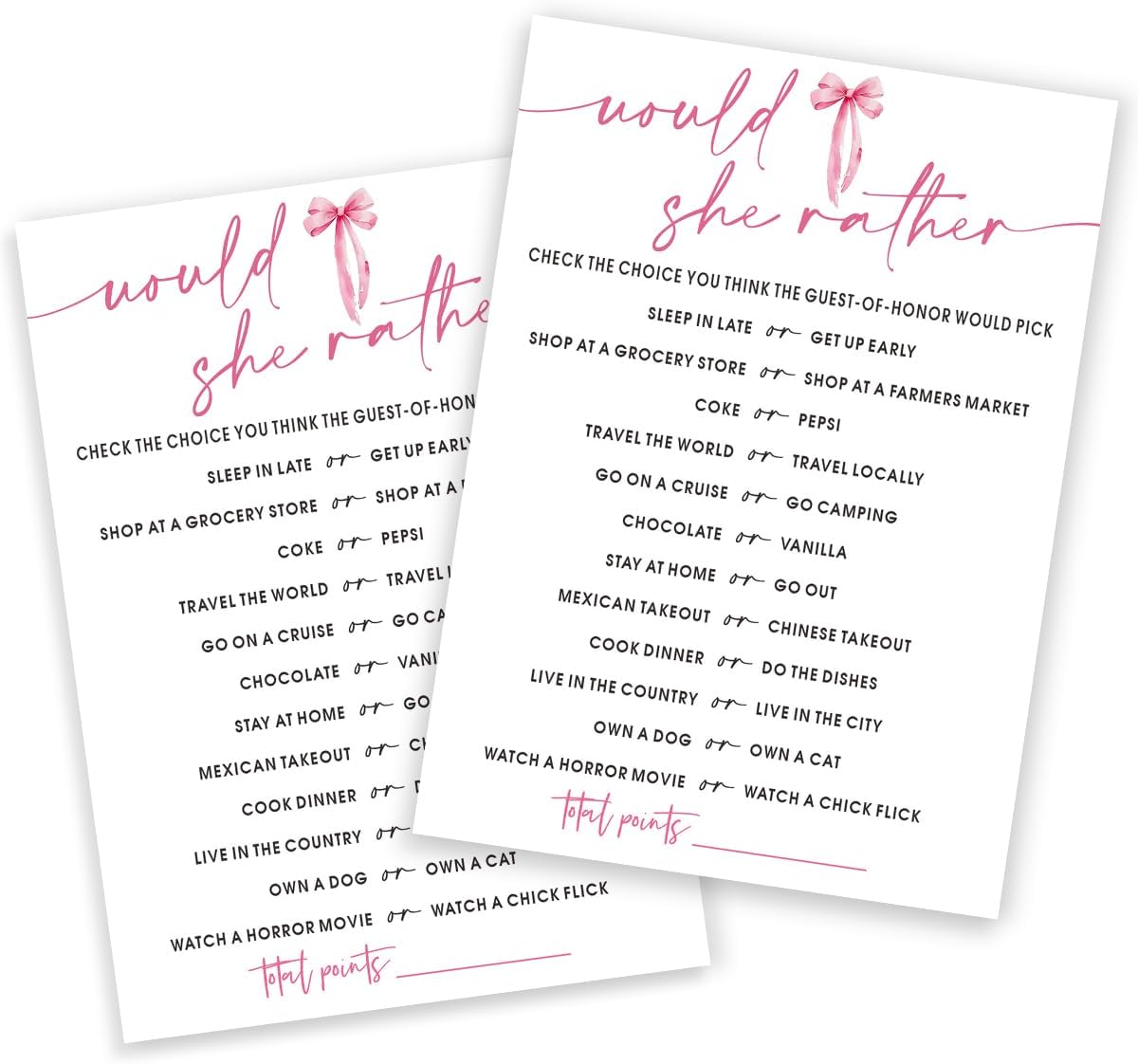 Wedding Shower Games Cards, Would She Rather Bridal Shower Game for 25 Guests, Engagement Party Wedding Games for Guests, Pink Ribbon Bow Wedding Party Supplies - E11