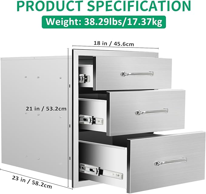 Outdoor Kitchen Drawers 18" W x 21" H x 23" D Stainless Steel Triple Drawers with Ergonomic Handle for BBQ Island, Patio Grill Station & Outdoor Kitchen Cabinets